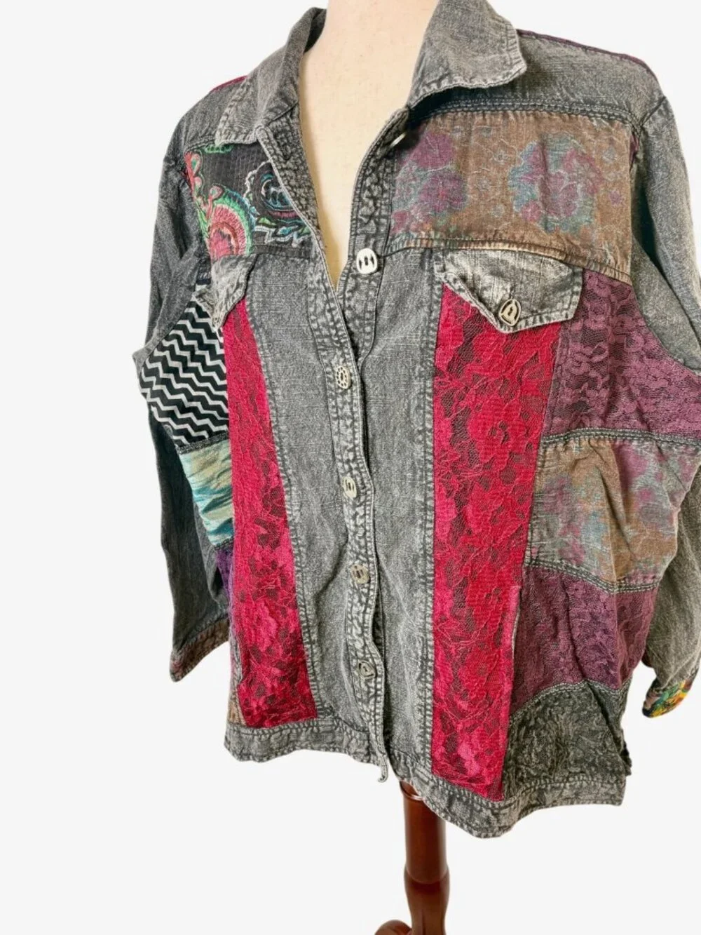 Parsley & Sage Washed Black Patchwork Lace Mixed Media Shirt Jacket Size 2X